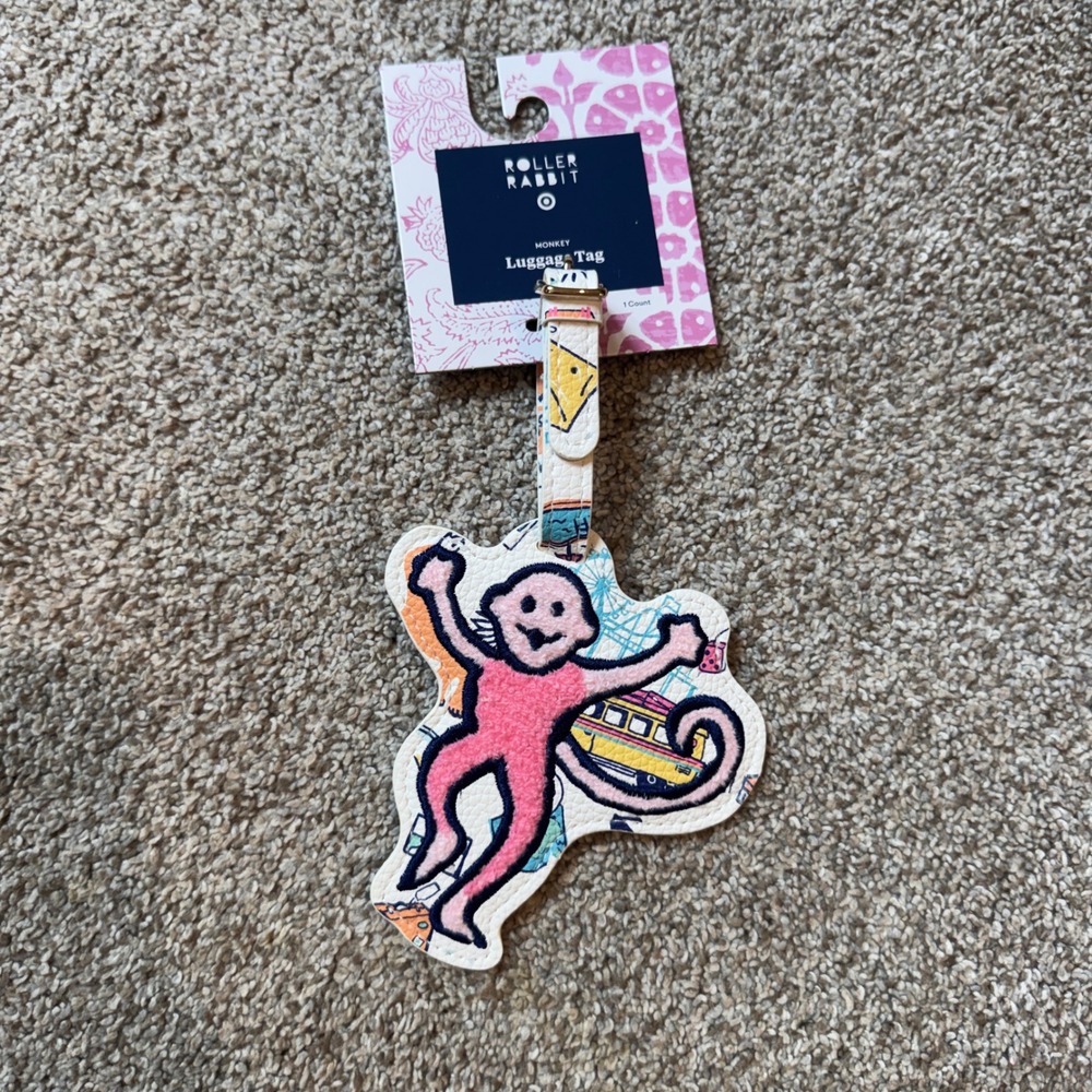 Roller Rabbit Target Monkey Luggage Tag White Pink Whimsical Travel Accessory